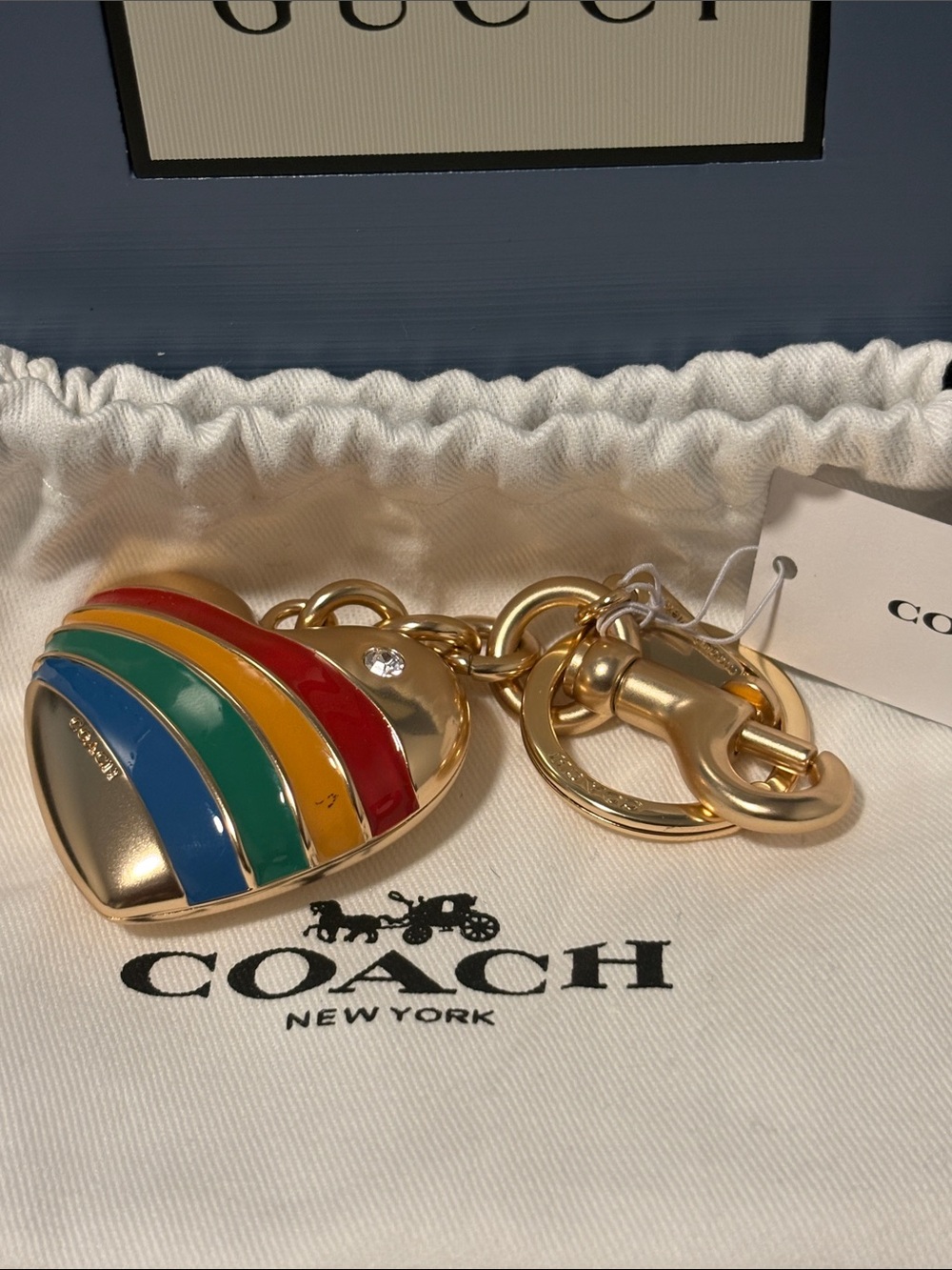 COACH NWT Gold Heart Multicolored Bag Charm Key Chain